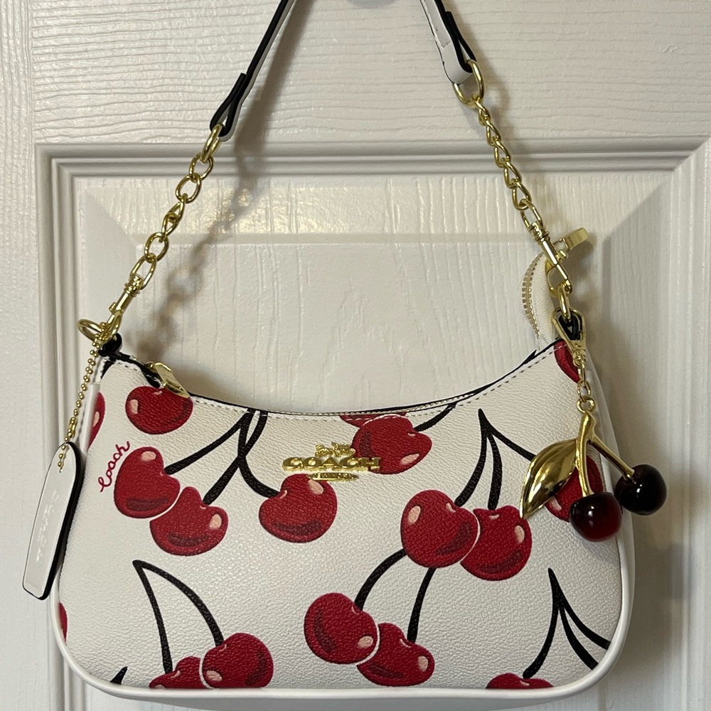 Coach Cherry Print Shoulder Bag in White and Red